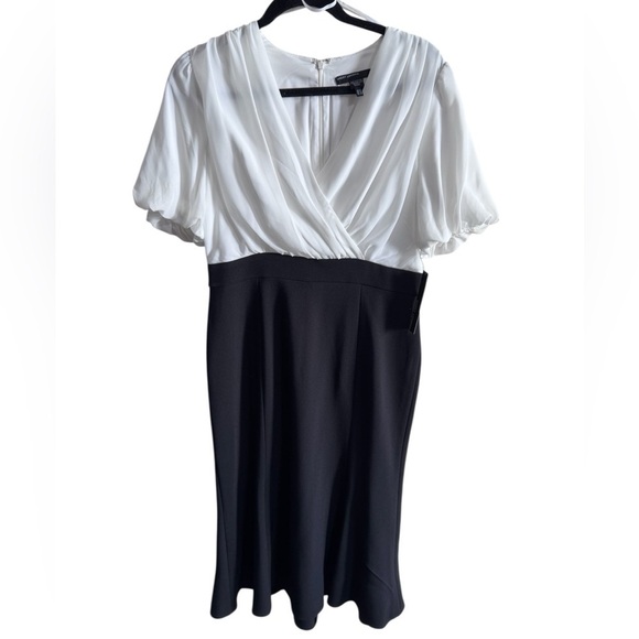 Maggy London Dresses & Skirts - Maggy London Ivory Black Faux Wrap Puff Sleeve Midi Dress NWT Size 8